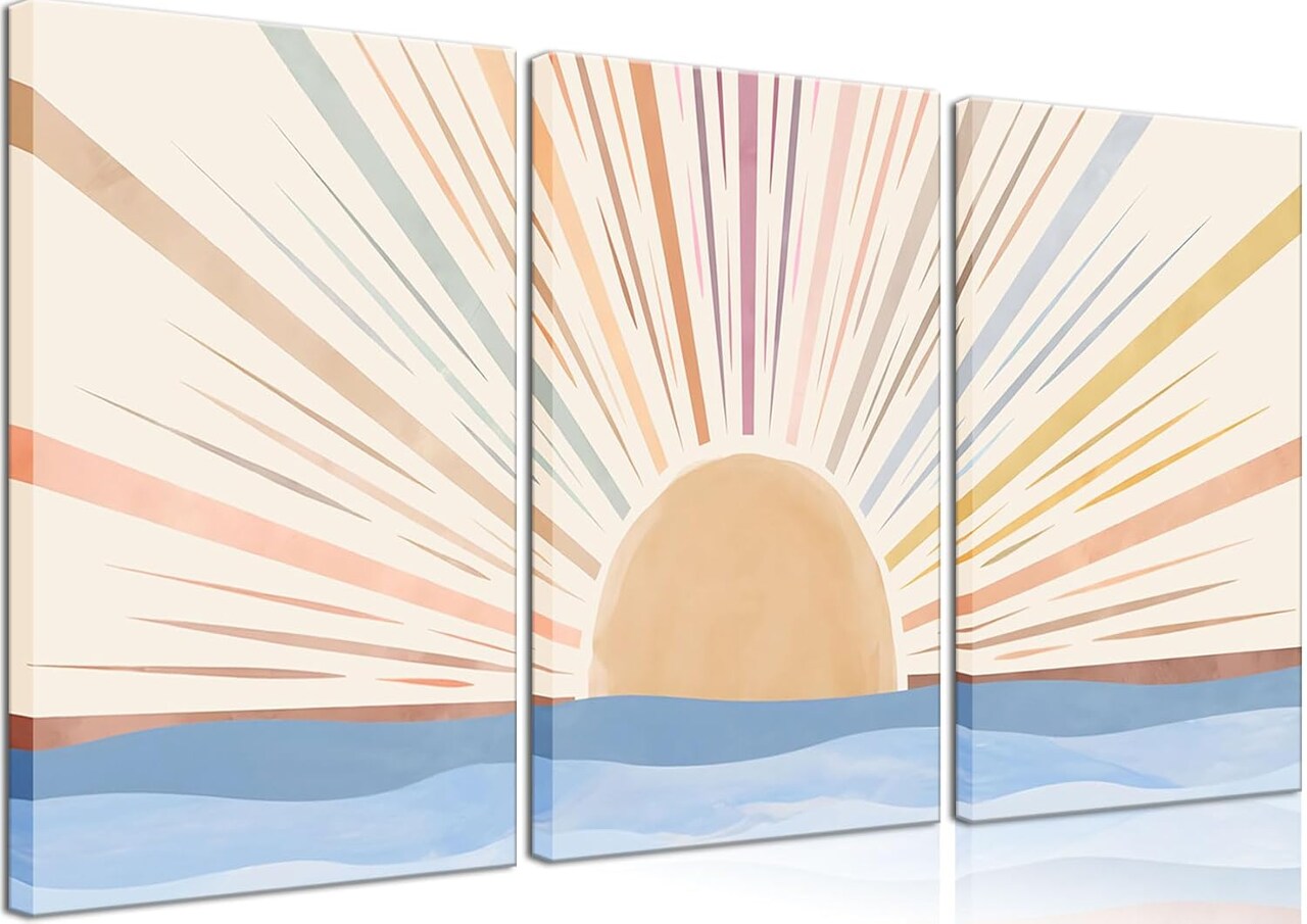 3Pcs Summer Framed Boho Canvas Wall Art Sun Sunrise Yellow Line Pictures Prints Wall Decor Modern Mid Century Rainbow Posters Nature for Living Room Bedroom Bathroom Office Home Decoration12x16inx3